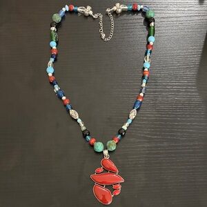 Handcrafted Multicolor Beaded Necklace with Coral Pendant